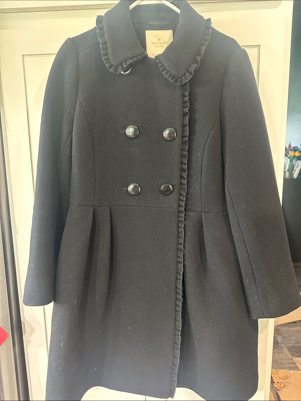kate spade Black Double-Breasted Ruffle-Trim Wool Pea Coat